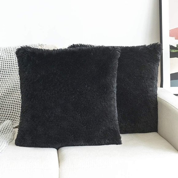 Black Luxury Furry Farmhouse Adorable Trendy Bed Throw Pillow Decor Cover Set - Picture 6 of 6